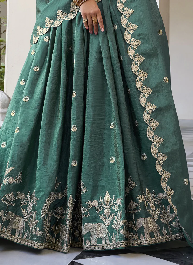 Silk Material Thread Embroidered Green Lehenga Choli For Mehndi - Image 5