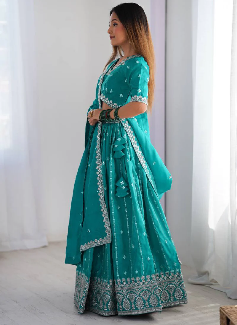 Silk Sequence Embroidery Rama Green Lehenga Choli With Dupatta - Image 4