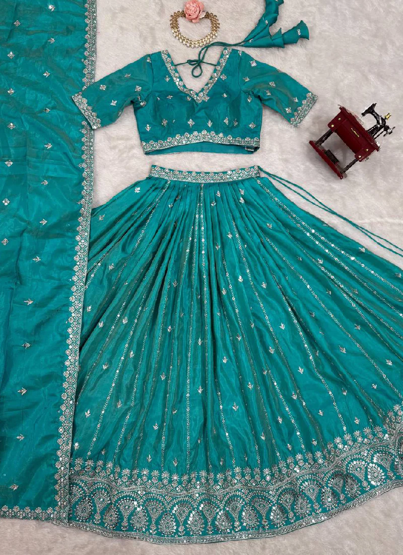 Silk Sequence Embroidery Rama Green Lehenga Choli With Dupatta - Image 6
