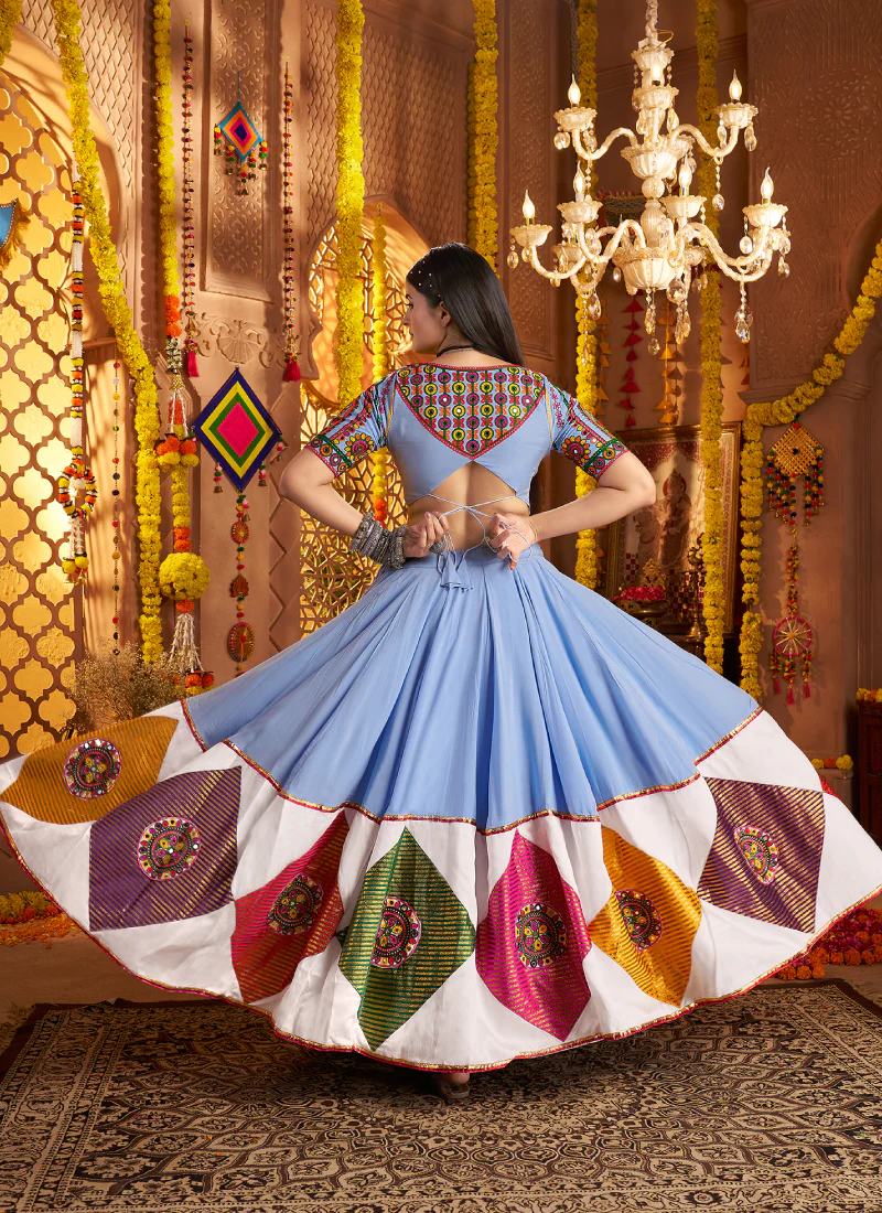 Sky Blue Mirror Work Viscose Cotton Navratri Special Lehenga Choli Set - Image 7