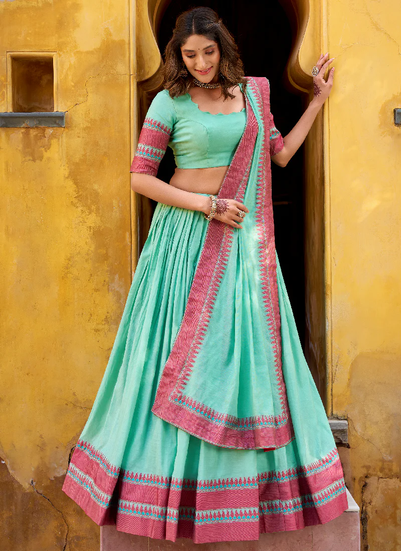 Sky Blue Thread Embroidered Pure Chanderi Women's Lehenga Choli Sets - Image 3