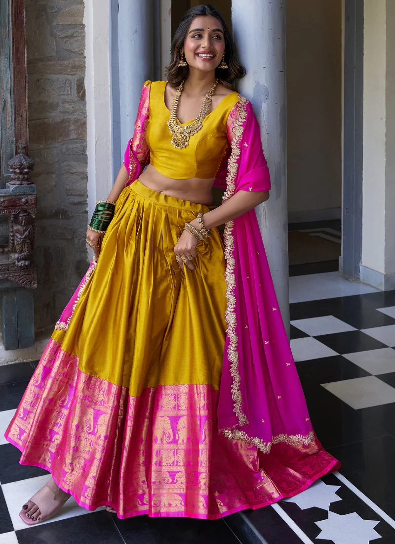 South Indian Style Zari Work Yellow And Pink Silk Half Saree Lehenga - Image 3