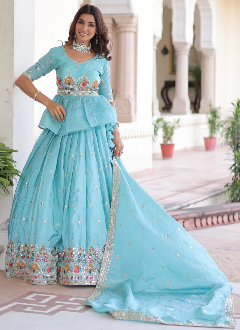Spectacular Silk Thread Embroidered Sky Blue Lehenga With Peplum Top - Image 5