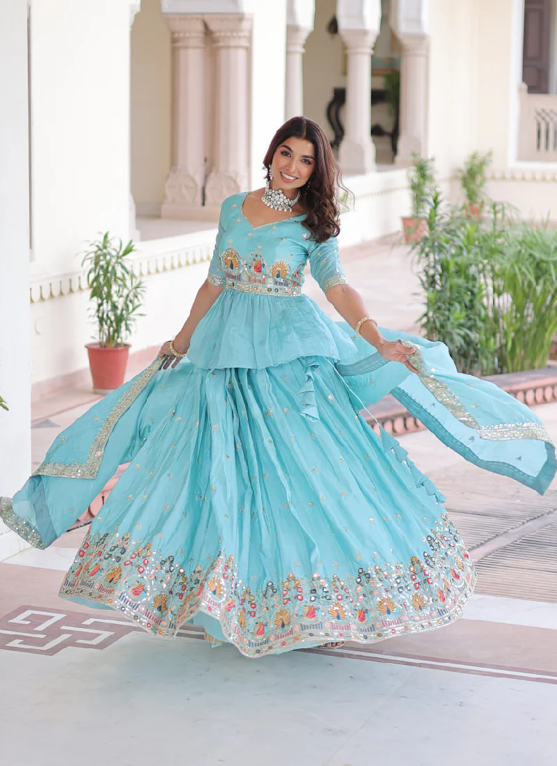 Spectacular Silk Thread Embroidered Sky Blue Lehenga With Peplum Top - Image 9