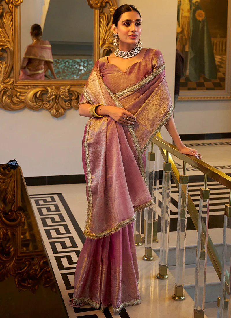 Spectacular Wedding Wear Tissue Silk Zari Weaving Light Pink Saree - Image 4