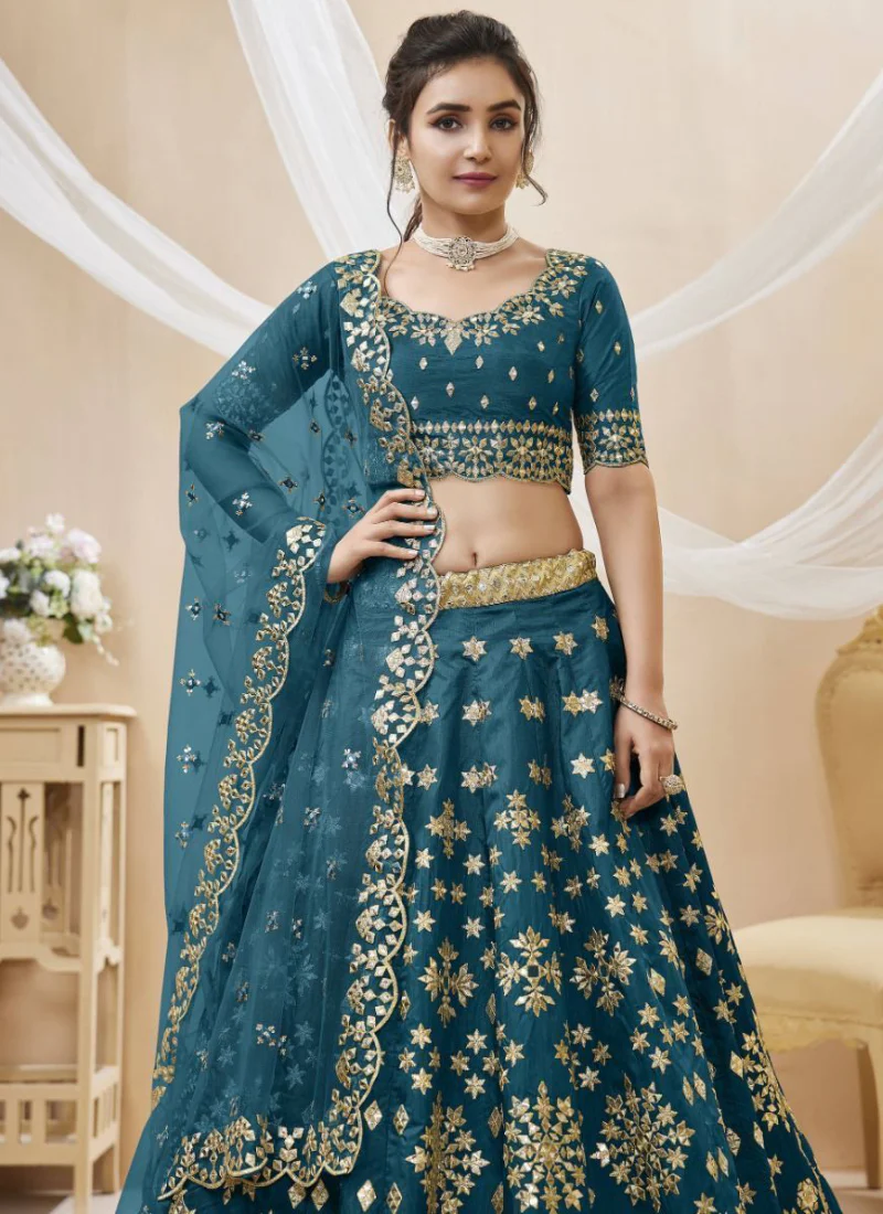 Teal Blue Foil Mirror Embroidered Mulberry Silk Lehenga Choli - Image 4