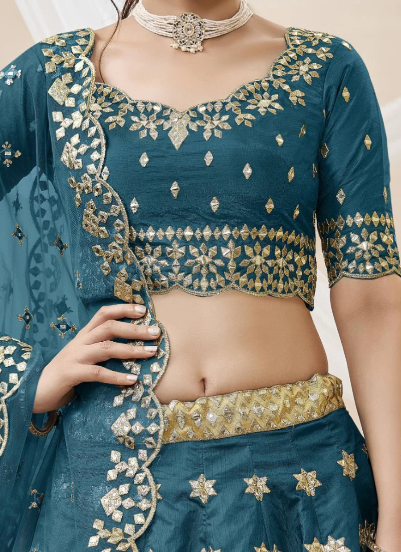 Teal Blue Foil Mirror Embroidered Mulberry Silk Lehenga Choli - Image 5