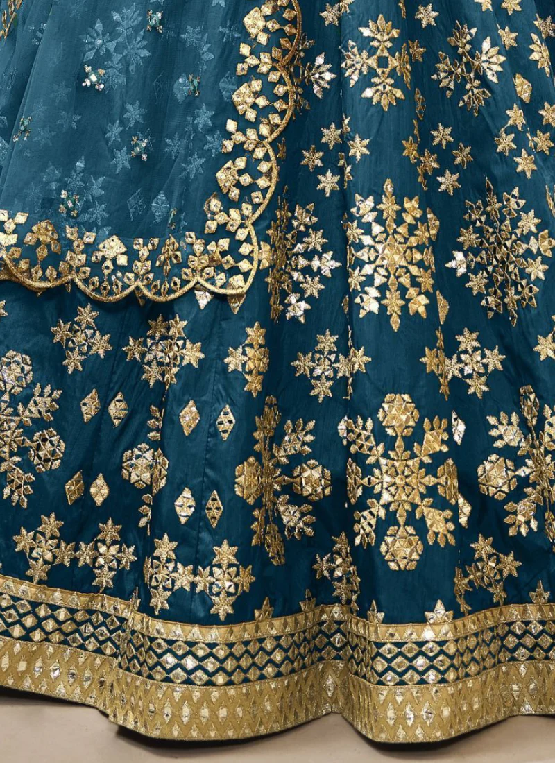 Teal Blue Foil Mirror Embroidered Mulberry Silk Lehenga Choli - Image 6