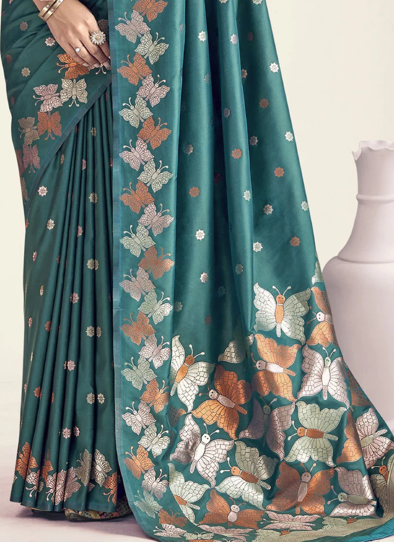 Teal Green Zari Weaving Work Banarasi Silk Festive Saree With Blouse - Image 4