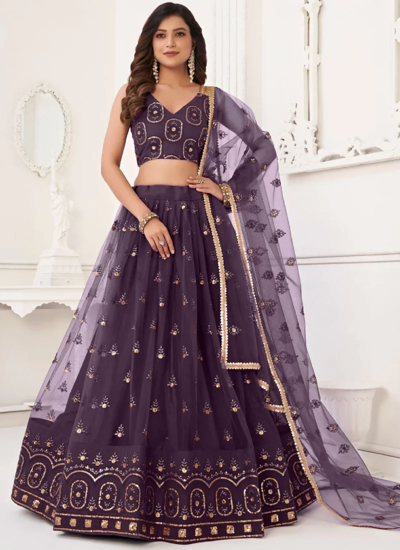 Thread Embroidered Butterfly Net Party Wear Wine Lehenga Choli - Image 2