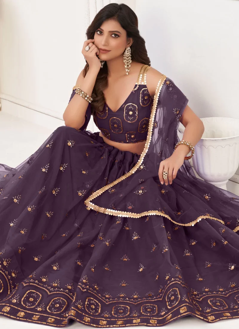 Thread Embroidered Butterfly Net Party Wear Wine Lehenga Choli - Image 4