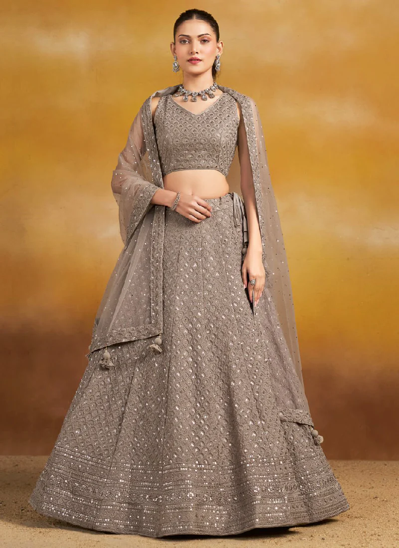 Thread Embroidered Georgette Grey Stylish Lehenga Choli With Dupatta
