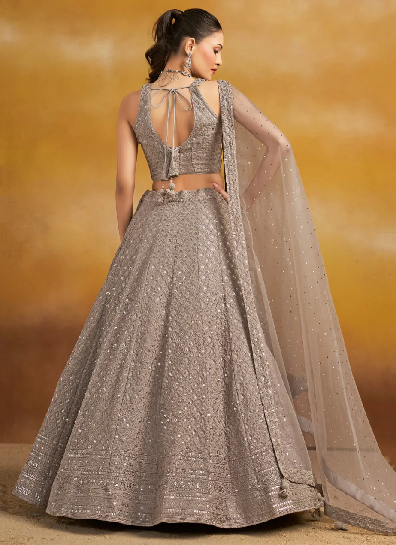 Thread Embroidered Georgette Grey Stylish Lehenga Choli With Dupatta - Image 5