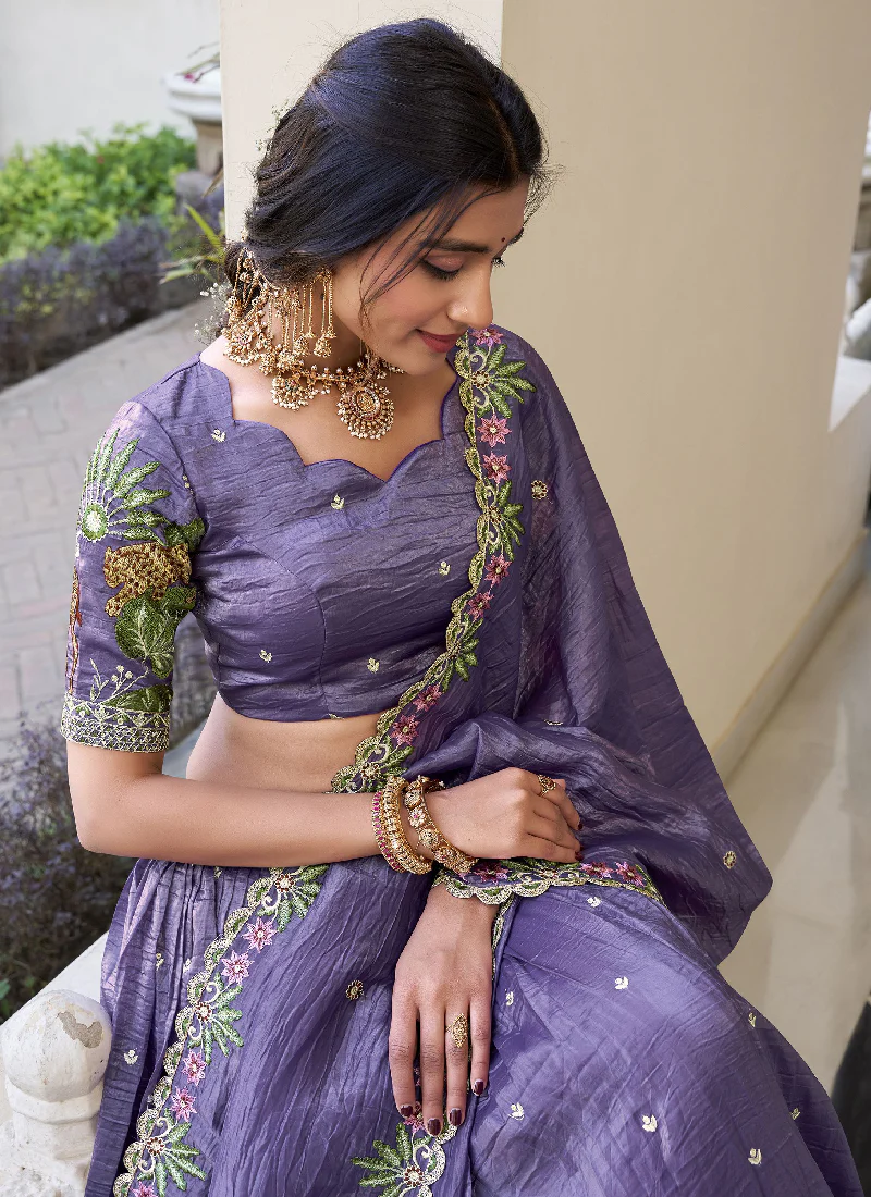Thread Embroidered Lavender Festival Wear Silk Lehenga Choli Set - Image 3