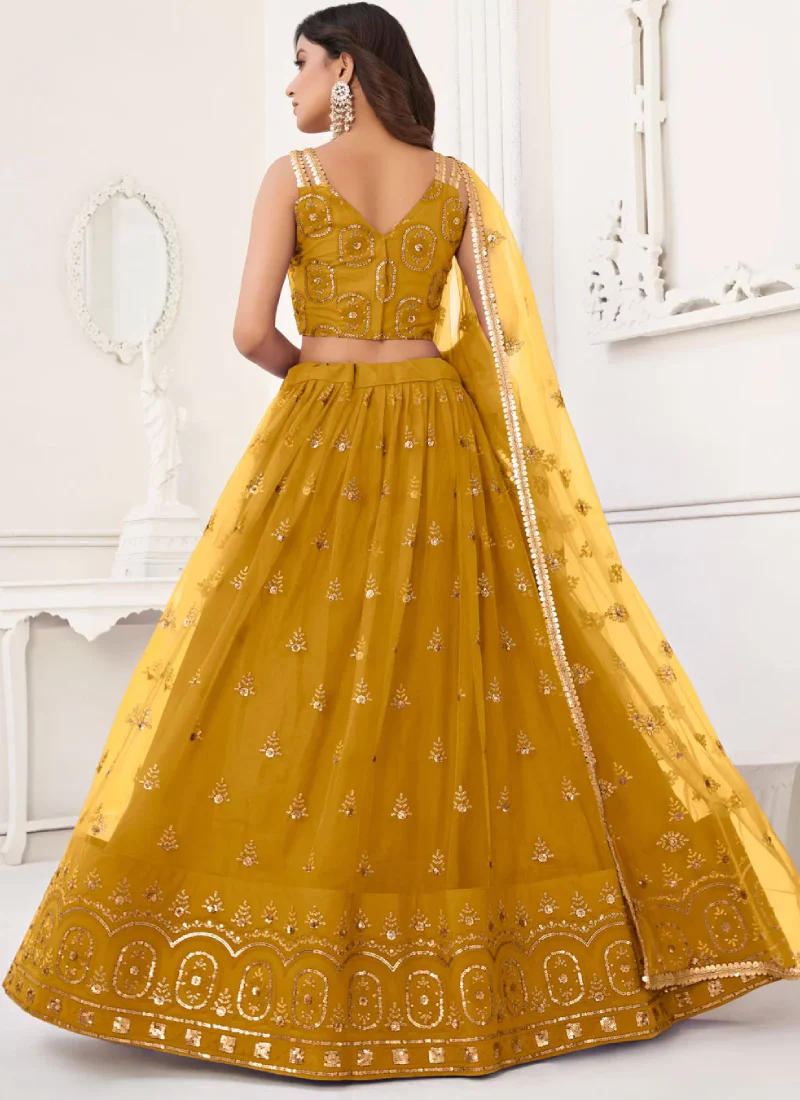 Thread Embroidered Net Yellow Lehenga Choli For Haldi Function - Image 3