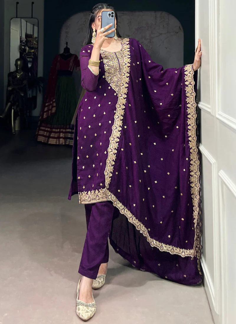 Thread Embroidered Purple Vichitra Silk Punjabi Kurta Pant For Women - Image 5