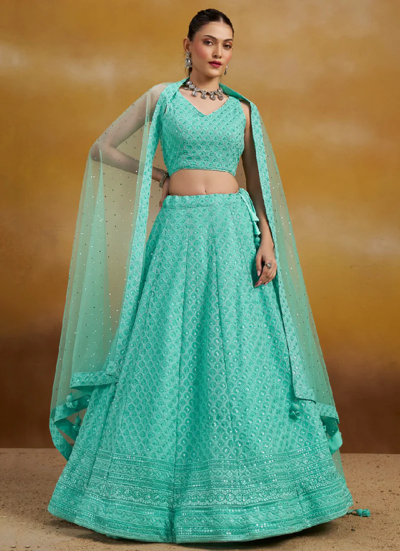 Thread Embroidered Sky Blue Georgette Wedding Wear Lehenga Choli - Image 3