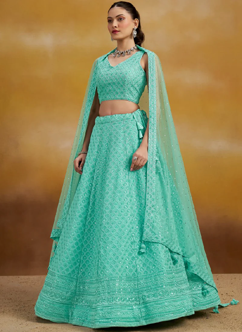 Thread Embroidered Sky Blue Georgette Wedding Wear Lehenga Choli - Image 6