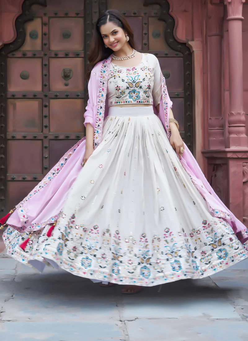 Tissue Silk Embroidered Off White Lehenga Choli With Pink Dupatta - Image 7