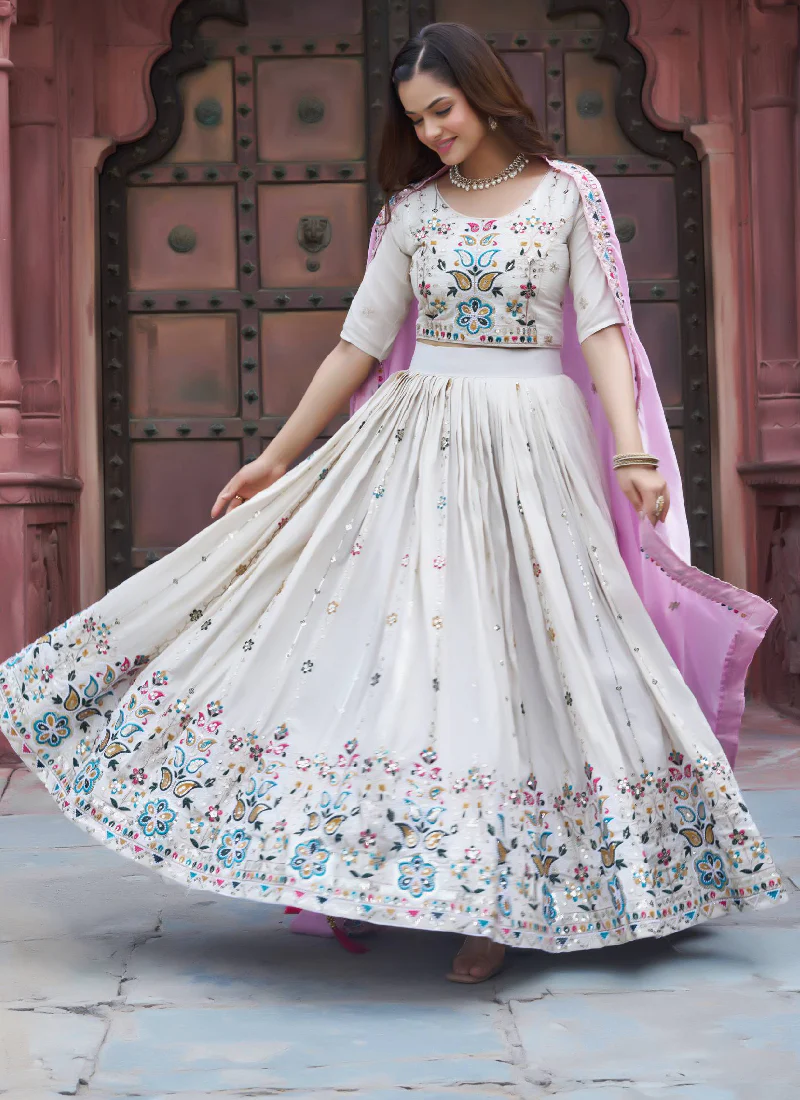 Tissue Silk Embroidered Off White Lehenga Choli With Pink Dupatta - Image 8