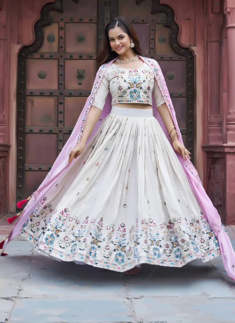 Tissue Silk Embroidered Off White Lehenga Choli With Pink Dupatta - Image 9