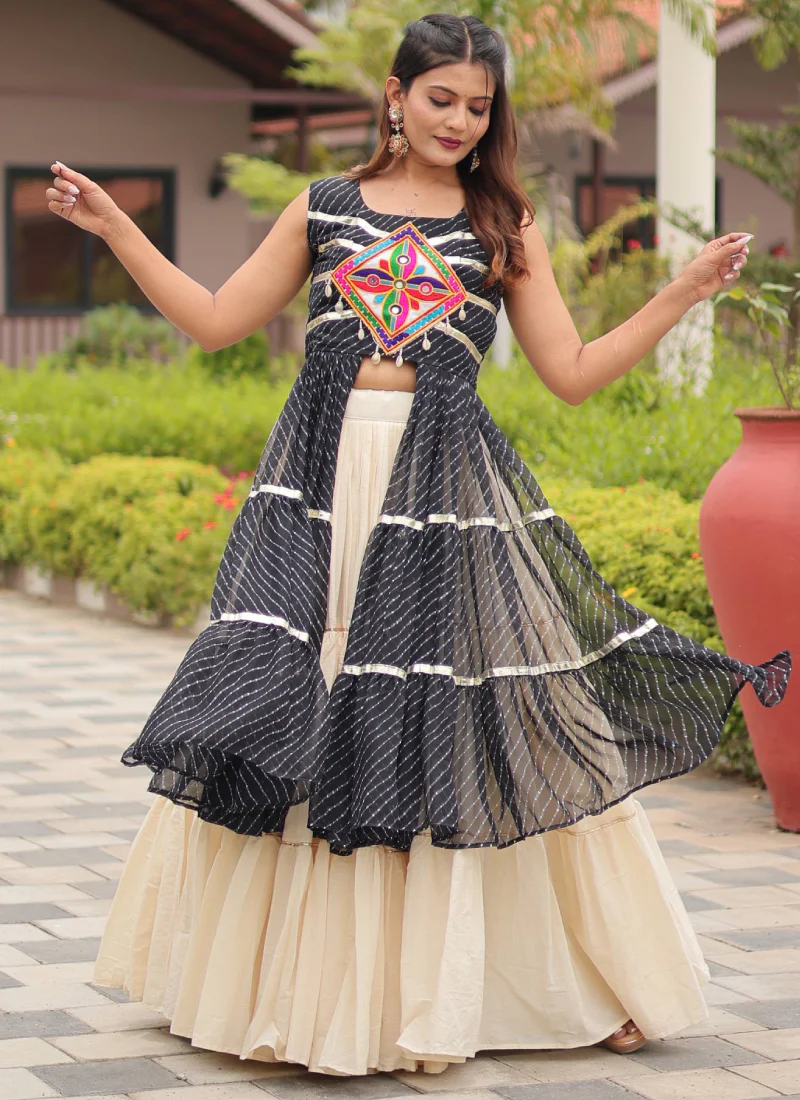 Traditional Black Gamthi Embroidered Shrug With Beige Cotton Lehenga - Image 4