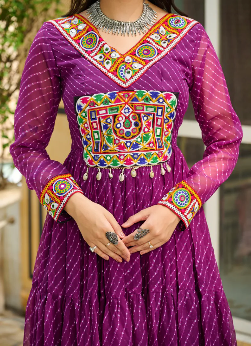 Traditional Gamthi Work Laheriya Printed Georgette Wine Gown For Women - Image 10
