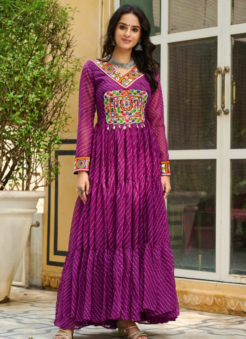 Traditional Gamthi Work Laheriya Printed Georgette Wine Gown For Women - Image 4