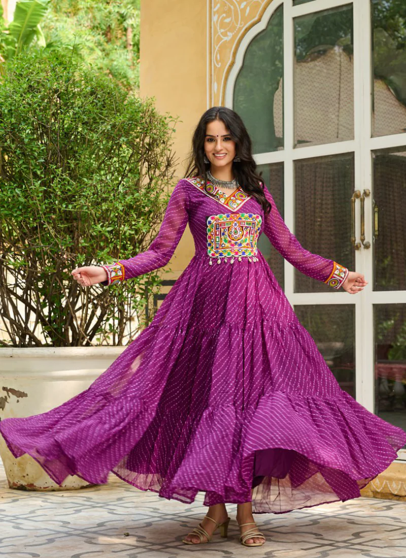 Traditional Gamthi Work Laheriya Printed Georgette Wine Gown For Women - Image 5