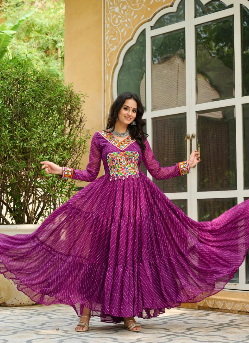 Traditional Gamthi Work Laheriya Printed Georgette Wine Gown For Women - Image 7