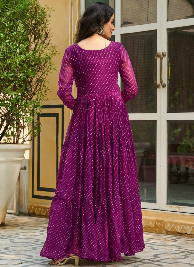Traditional Gamthi Work Laheriya Printed Georgette Wine Gown For Women - Image 8