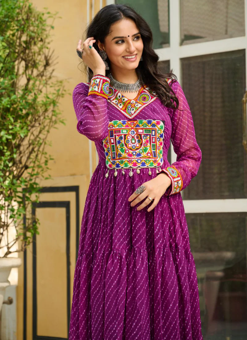 Traditional Gamthi Work Laheriya Printed Georgette Wine Gown For Women - Image 9
