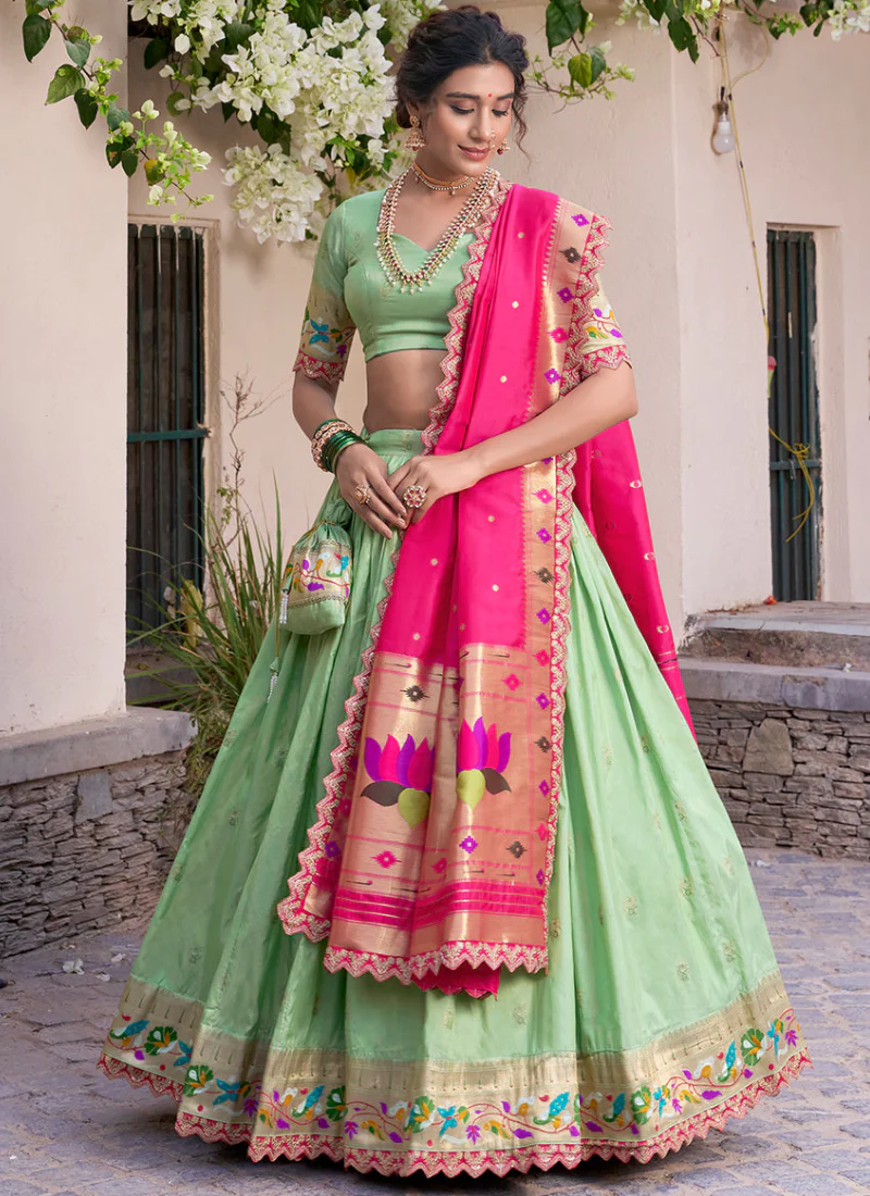 Traditional Jacquard Silk Zari Weaving Work Pista Green Lehenga Choli - Image 4
