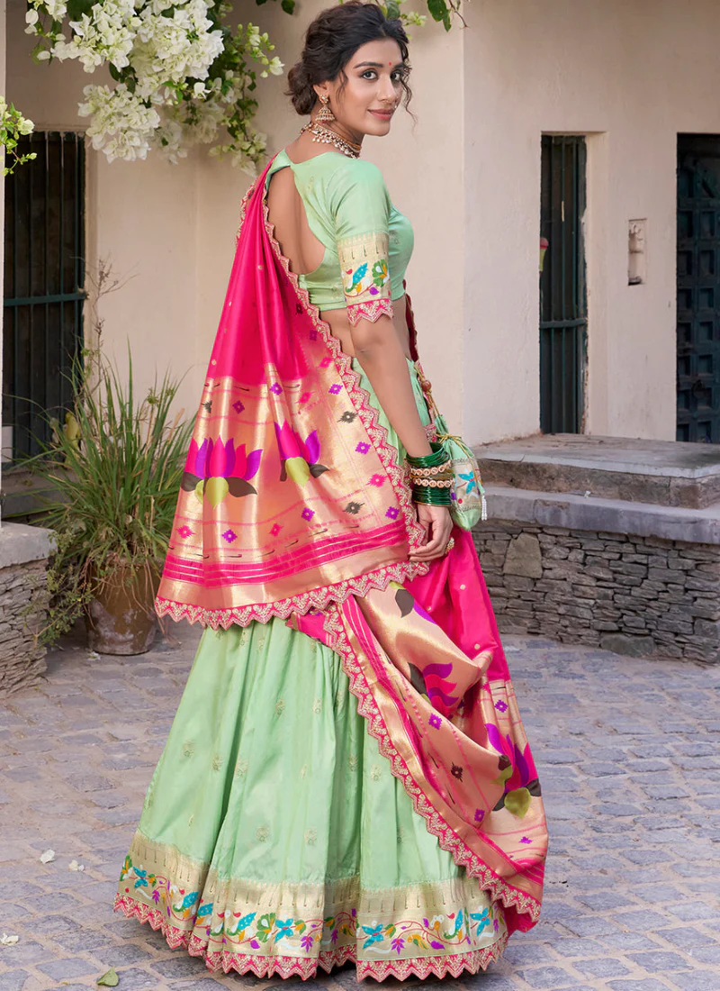 Traditional Jacquard Silk Zari Weaving Work Pista Green Lehenga Choli - Image 5