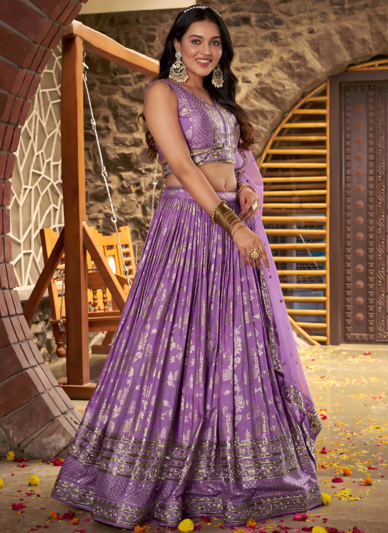 Traditional Zari Weaving Sequence Work Lavender Jacquard Silk Lehenga - Image 5
