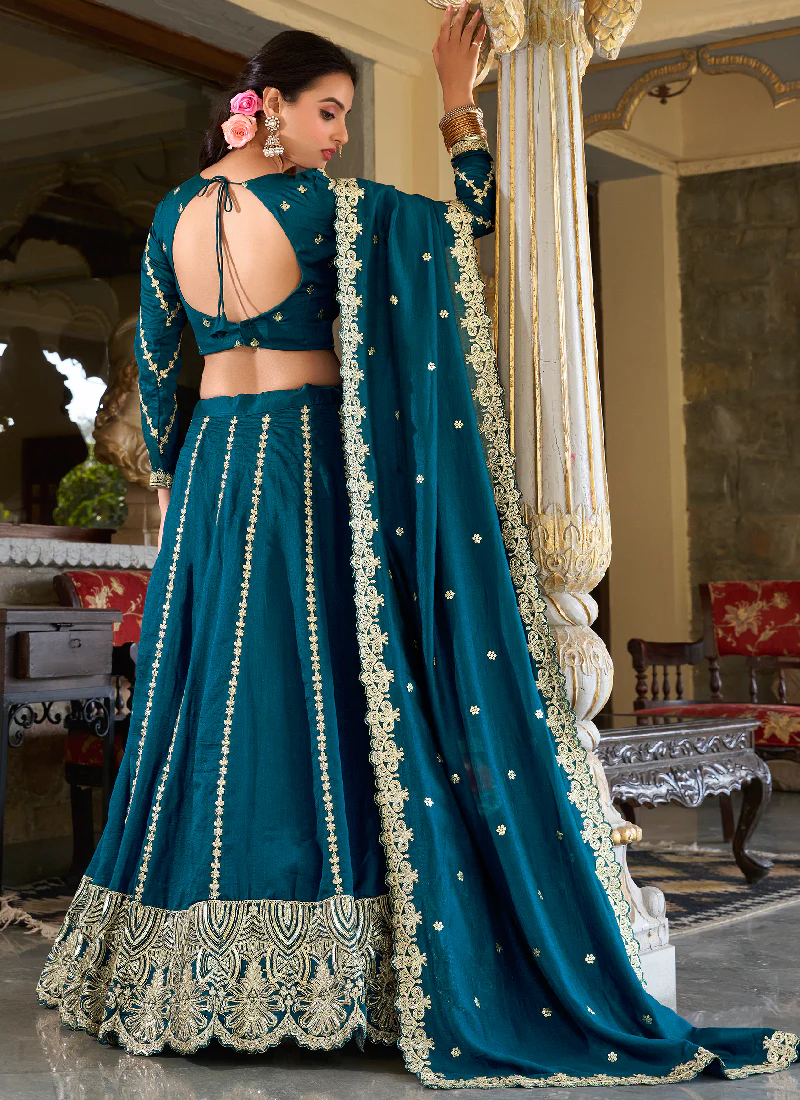 Vichitra Silk Sequence Embroidery Teal Blue Wedding Wear Lehenga Choli - Image 5