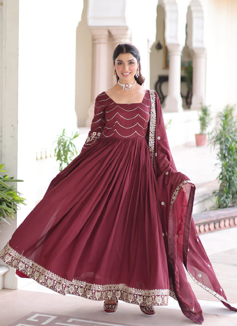 Vichitra Silk Zari Work Readymade Maroon Wedding Wear Gown With Dupatta - Image 8