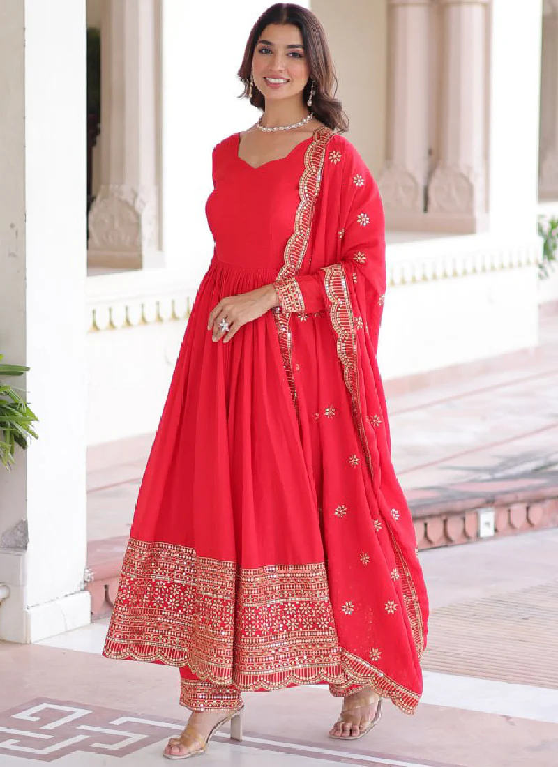 Wedding Special Vichitra Silk Intricate Embroidered Red Anarkali Gown - Image 10