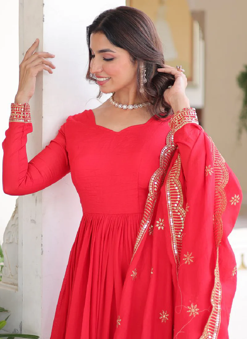 Wedding Special Vichitra Silk Intricate Embroidered Red Anarkali Gown - Image 3