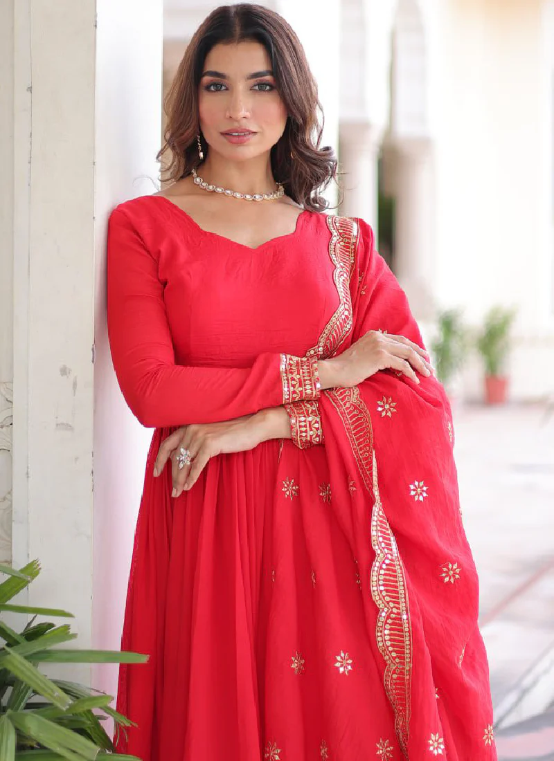 Wedding Special Vichitra Silk Intricate Embroidered Red Anarkali Gown - Image 4