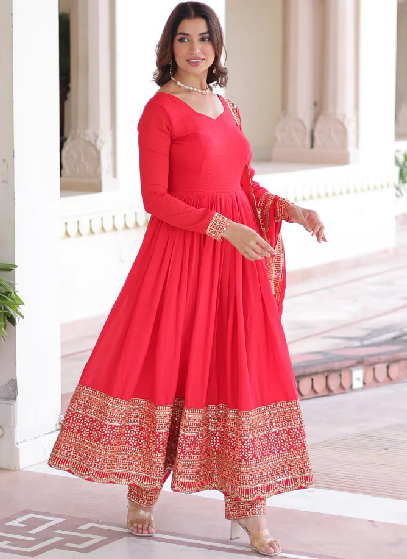 Wedding Special Vichitra Silk Intricate Embroidered Red Anarkali Gown - Image 8