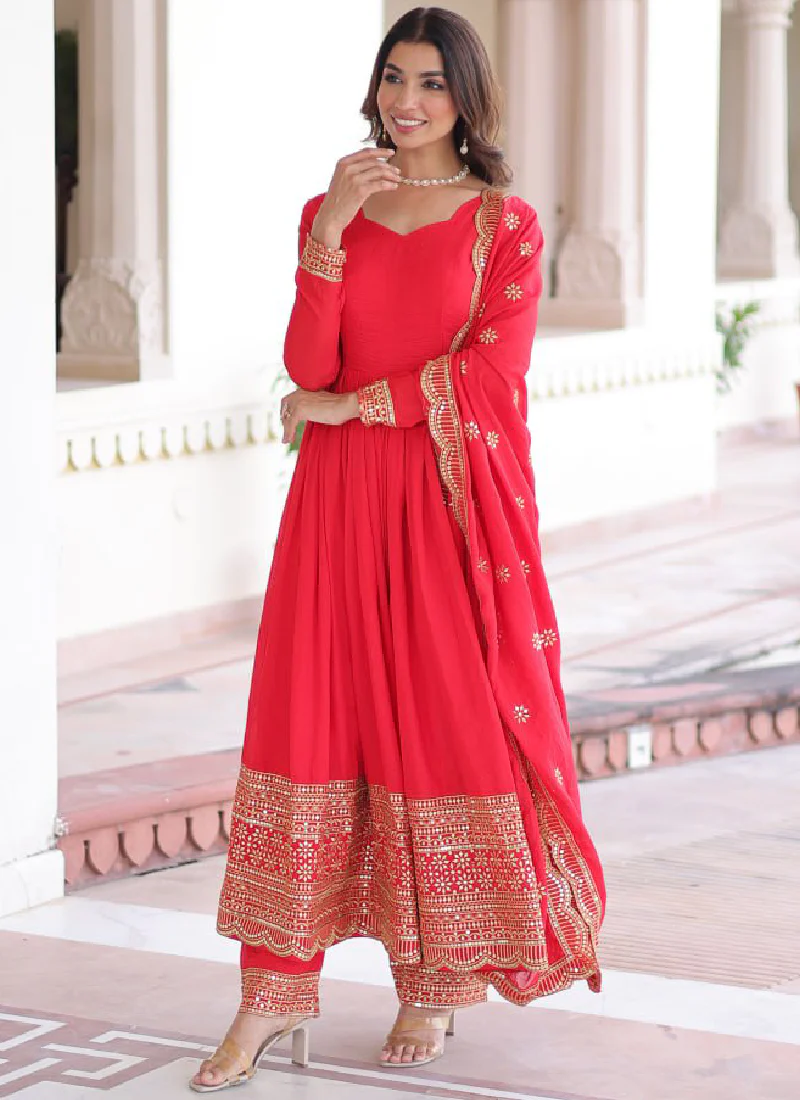 Wedding Special Vichitra Silk Intricate Embroidered Red Anarkali Gown - Image 9