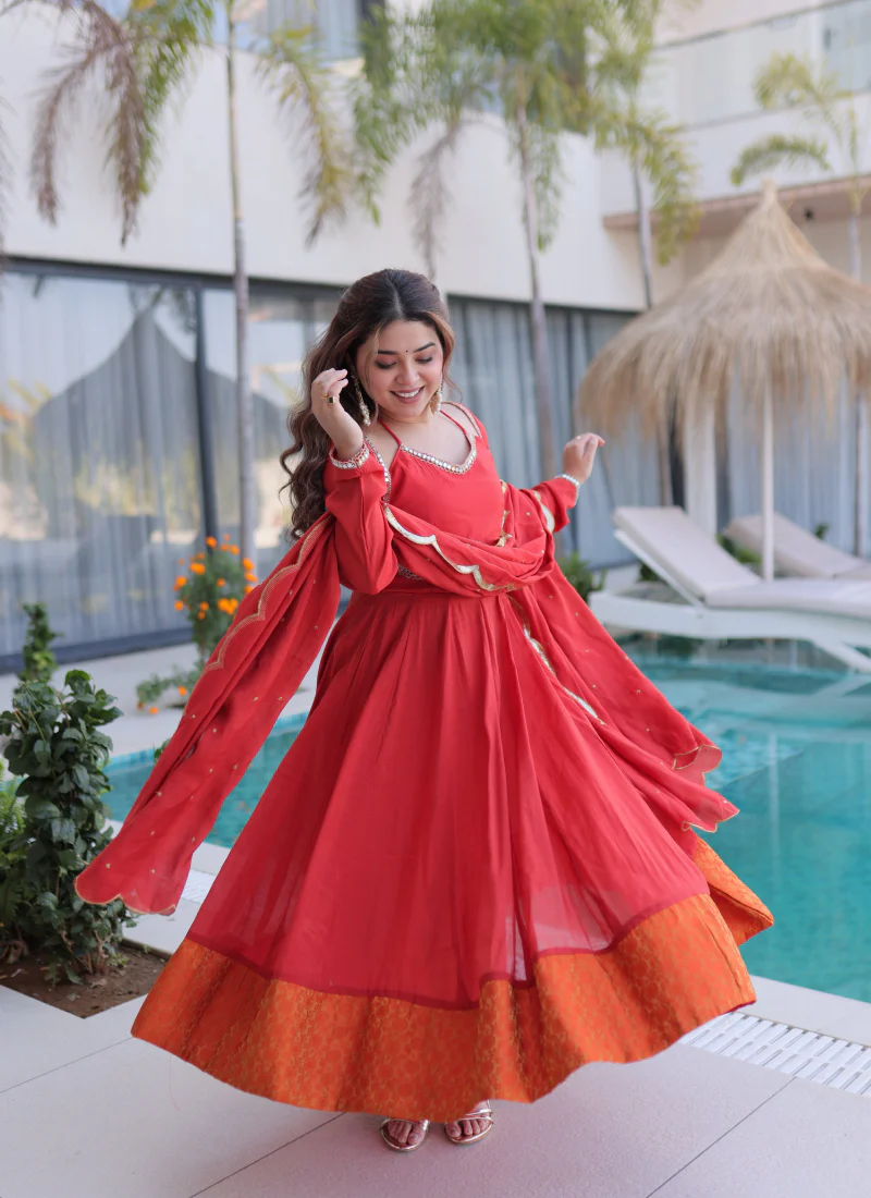 Wedding Wear Chanderi Real Mirror Lace Border Red Anarkali Gown Set - Image 11