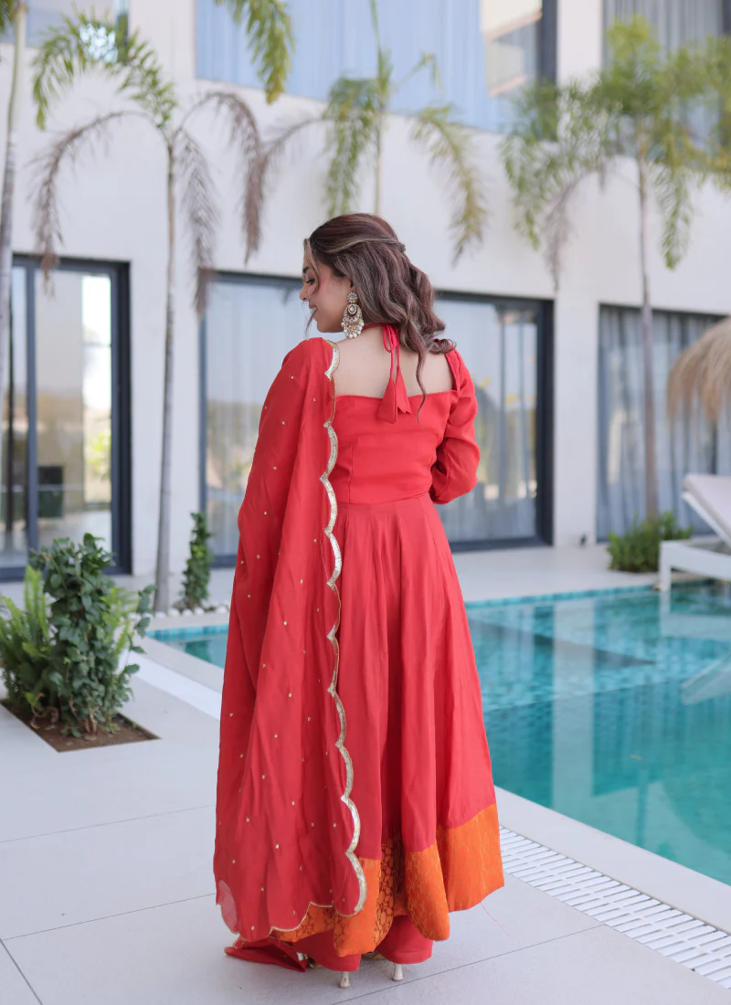Wedding Wear Chanderi Real Mirror Lace Border Red Anarkali Gown Set - Image 12