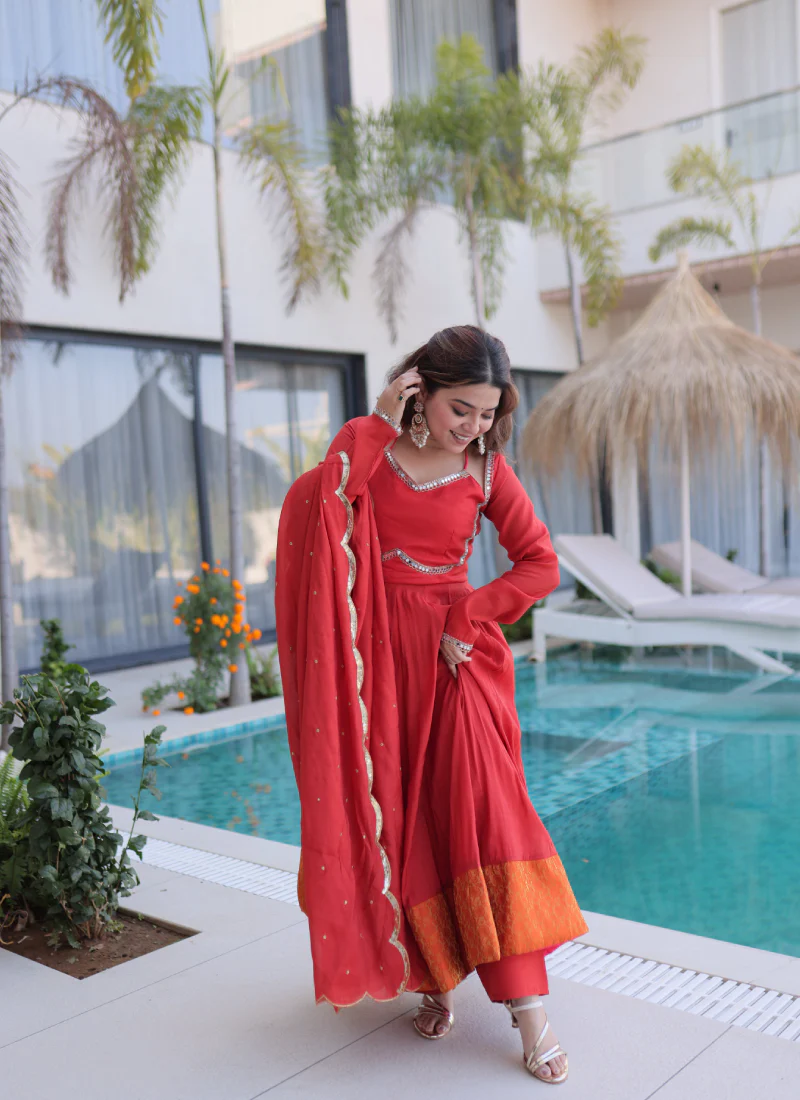 Wedding Wear Chanderi Real Mirror Lace Border Red Anarkali Gown Set - Image 9