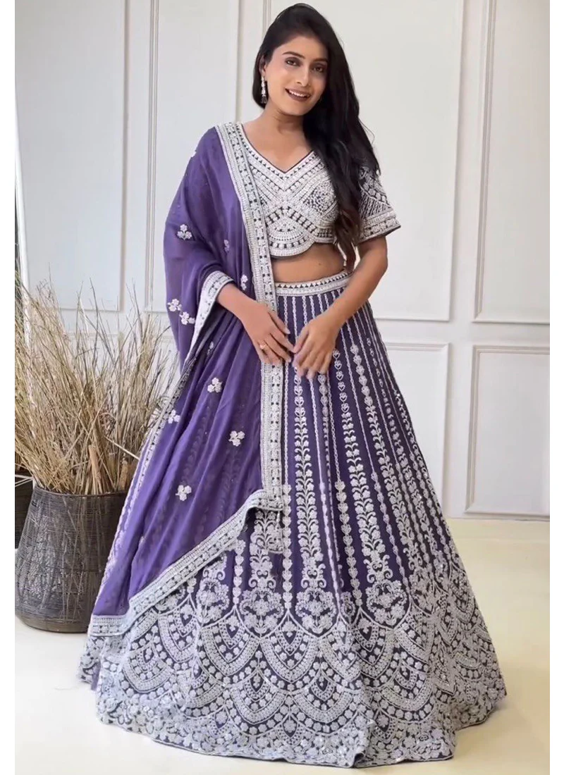 Wedding Wear Coding Dori Embroidered Purple Georgette Lehenga Choli - Image 4