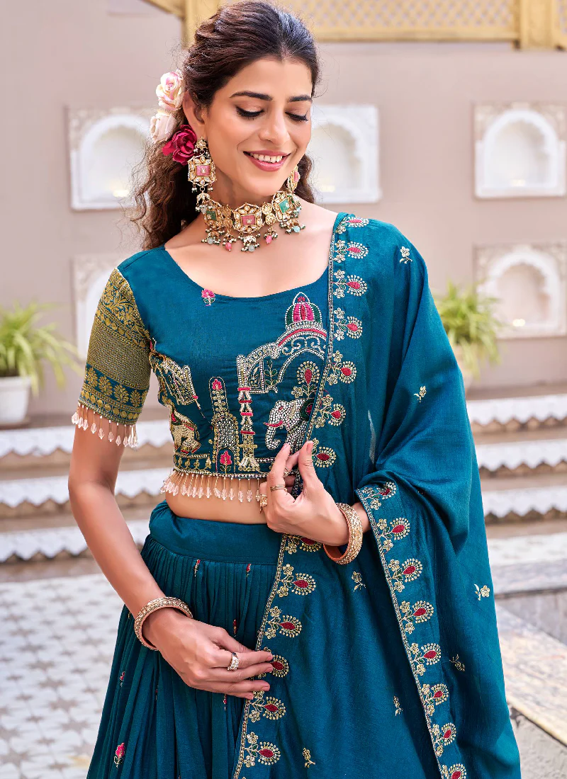 Wedding Wear Zari Embroidered Vichitra Silk Teal Blue Lehenga Choli - Image 3