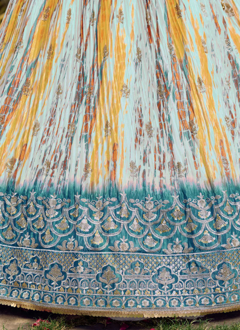 White And Sky Blue Chinon Silk Shibori Printed Sequence Work Lehenga - Image 10