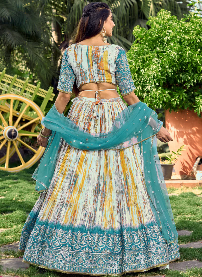 White And Sky Blue Chinon Silk Shibori Printed Sequence Work Lehenga - Image 5