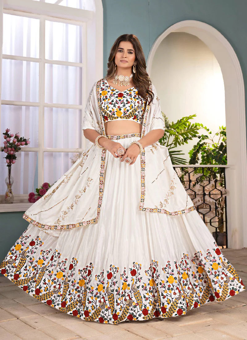 White Chinon Silk Floral Embroidered Lehenga Choli With Dupatta - Image 4